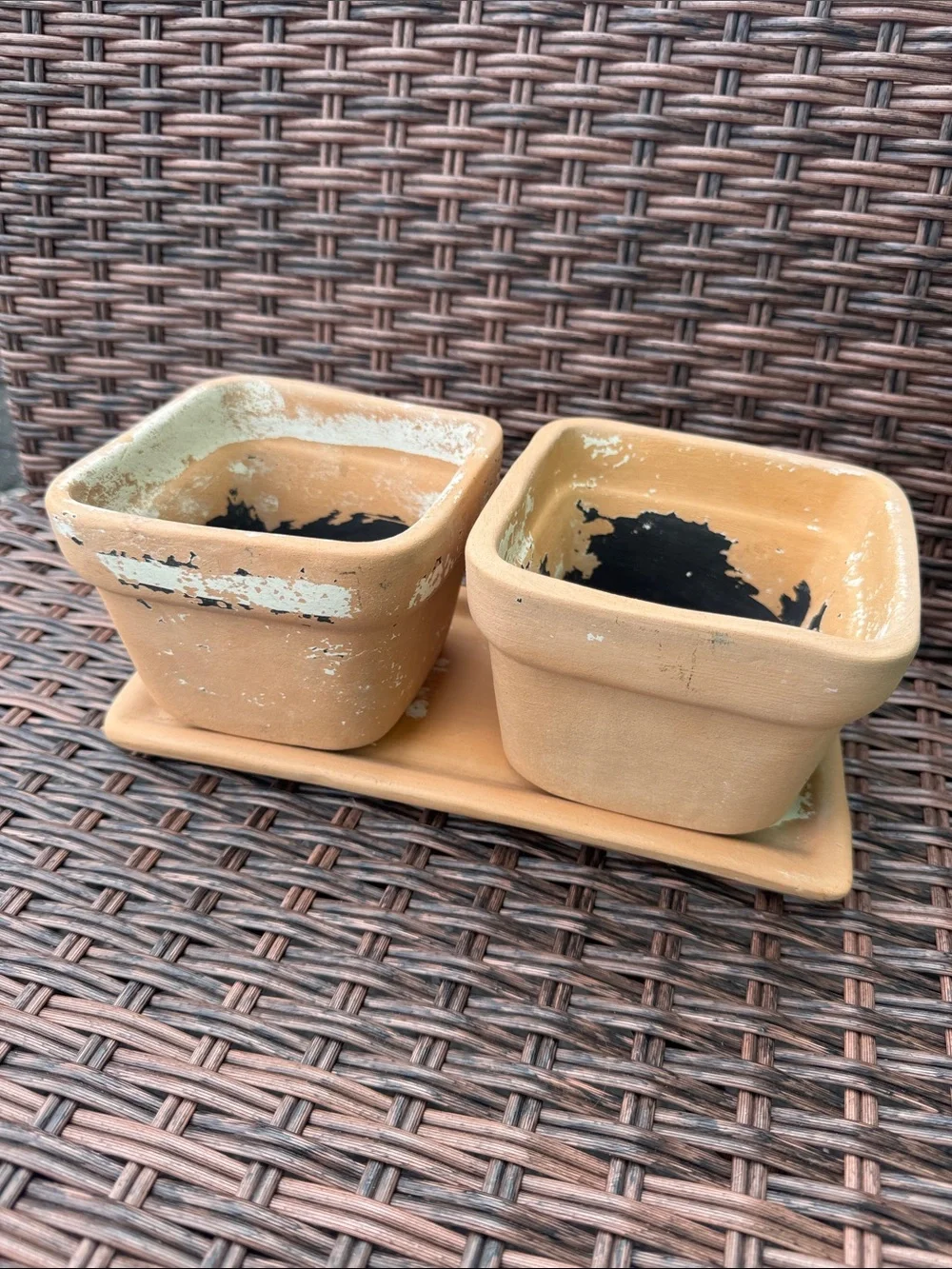 Distressed Terracotta Twin Planters with Tray -3 Piece Set